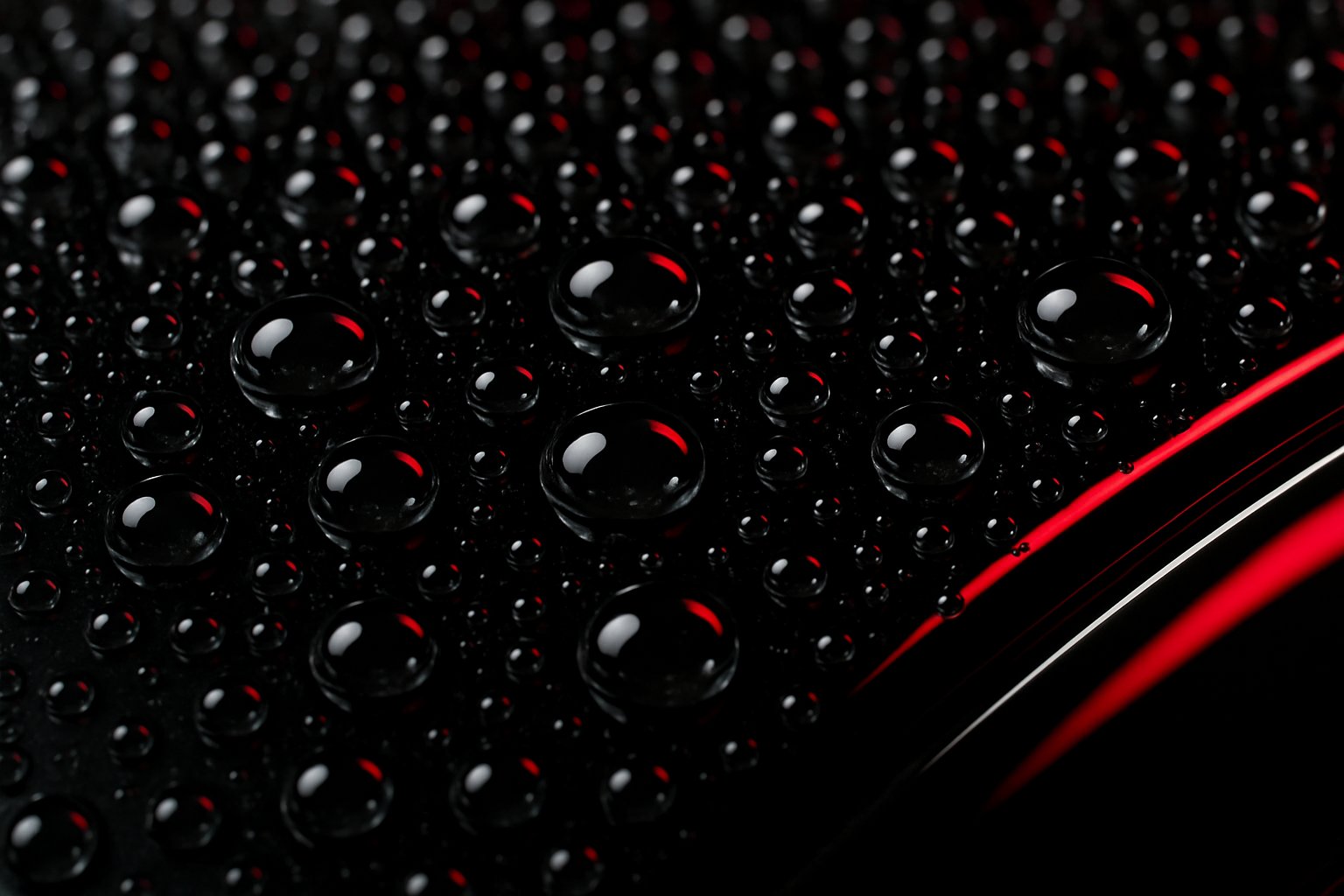 Tight water beads on glossy black automotive paint after ceramic coating
