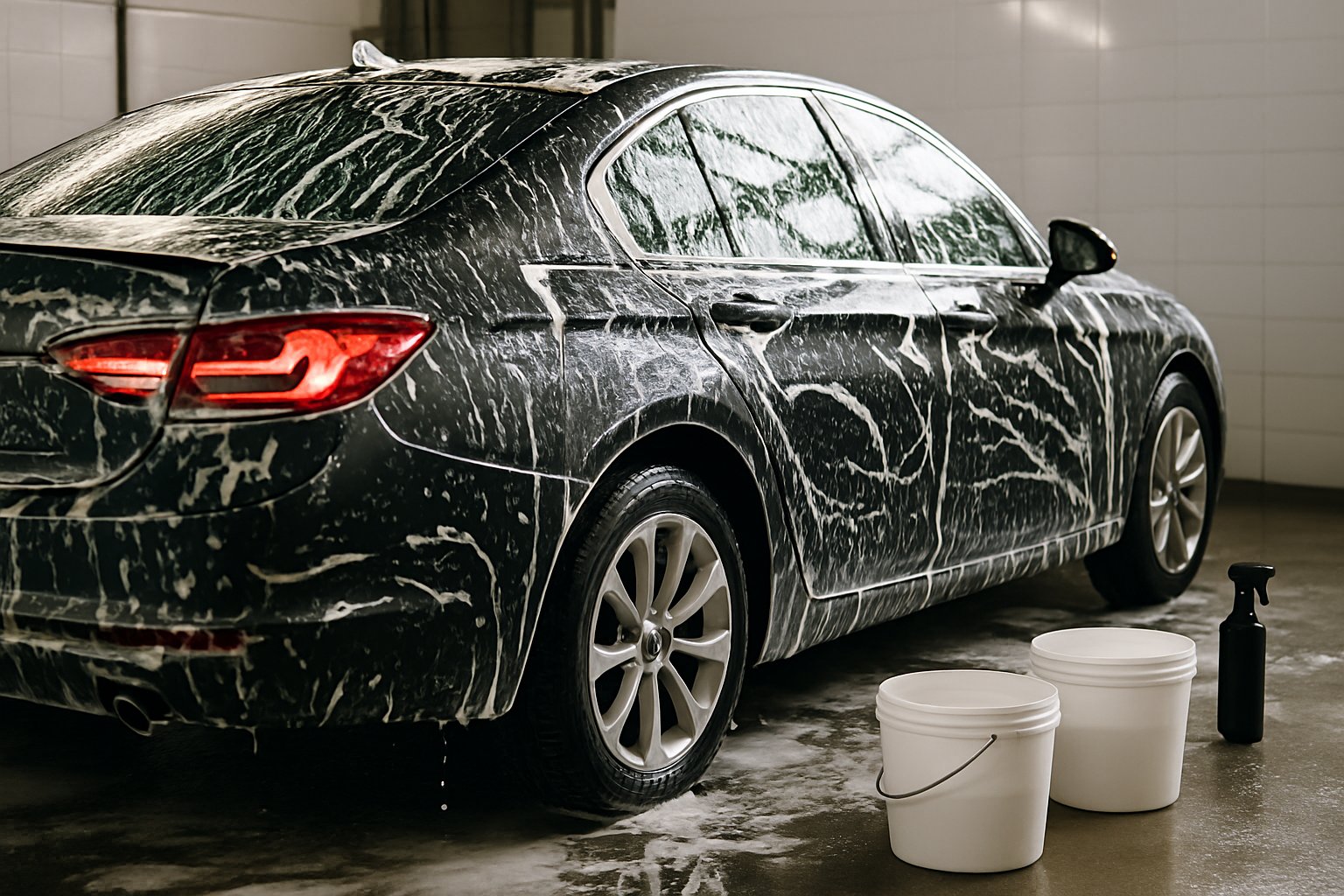 Dark sedan covered in clean foam during an exterior wash