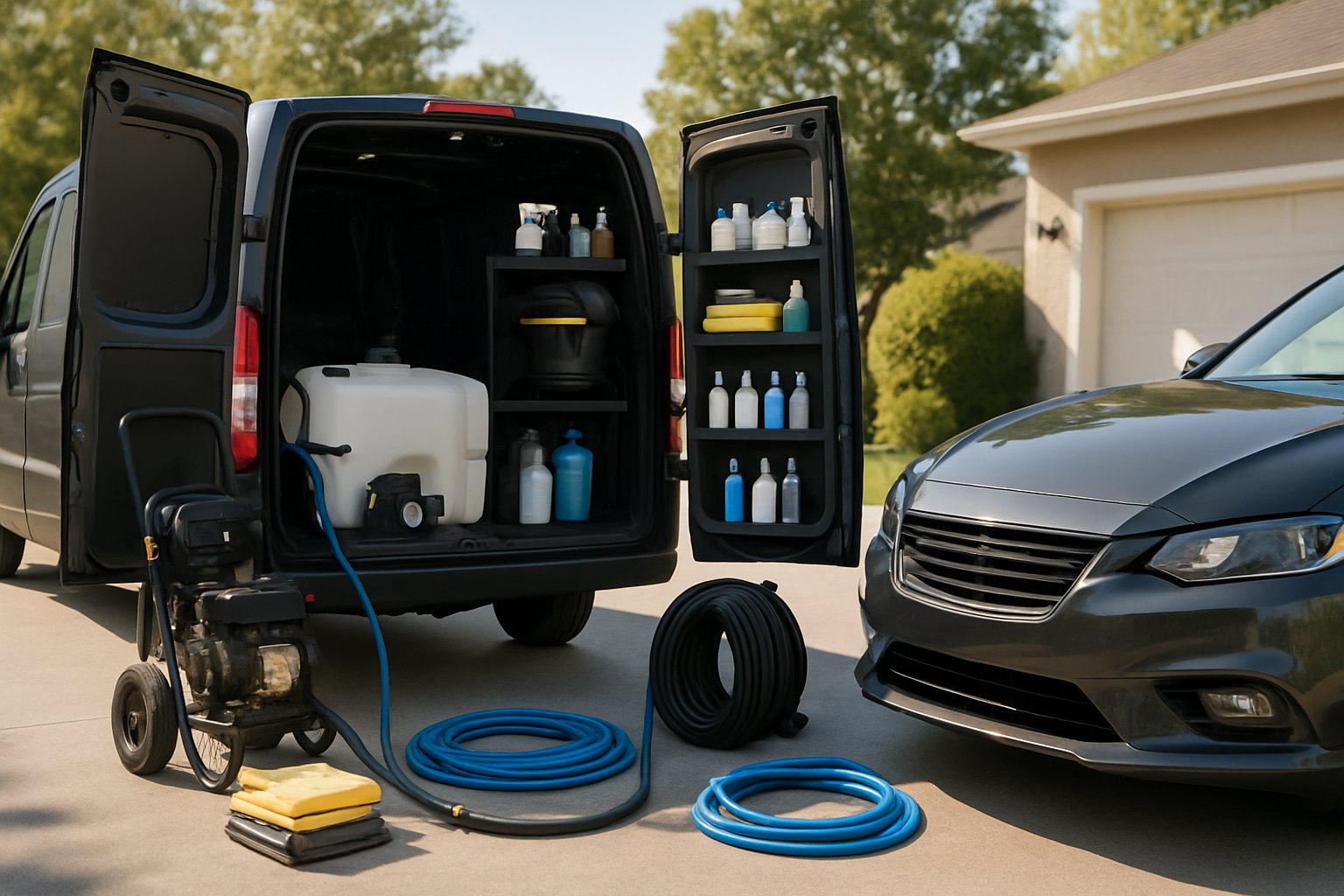 Organized mobile auto detailing setup beside a service van and car